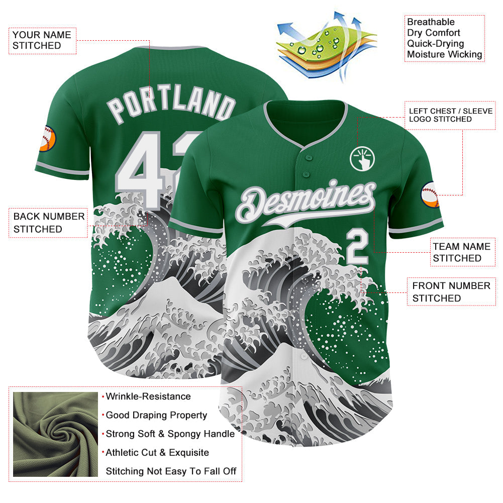 Custom Kelly Green White-Gray Japanese Wave Authentic Baseball Jersey view 4