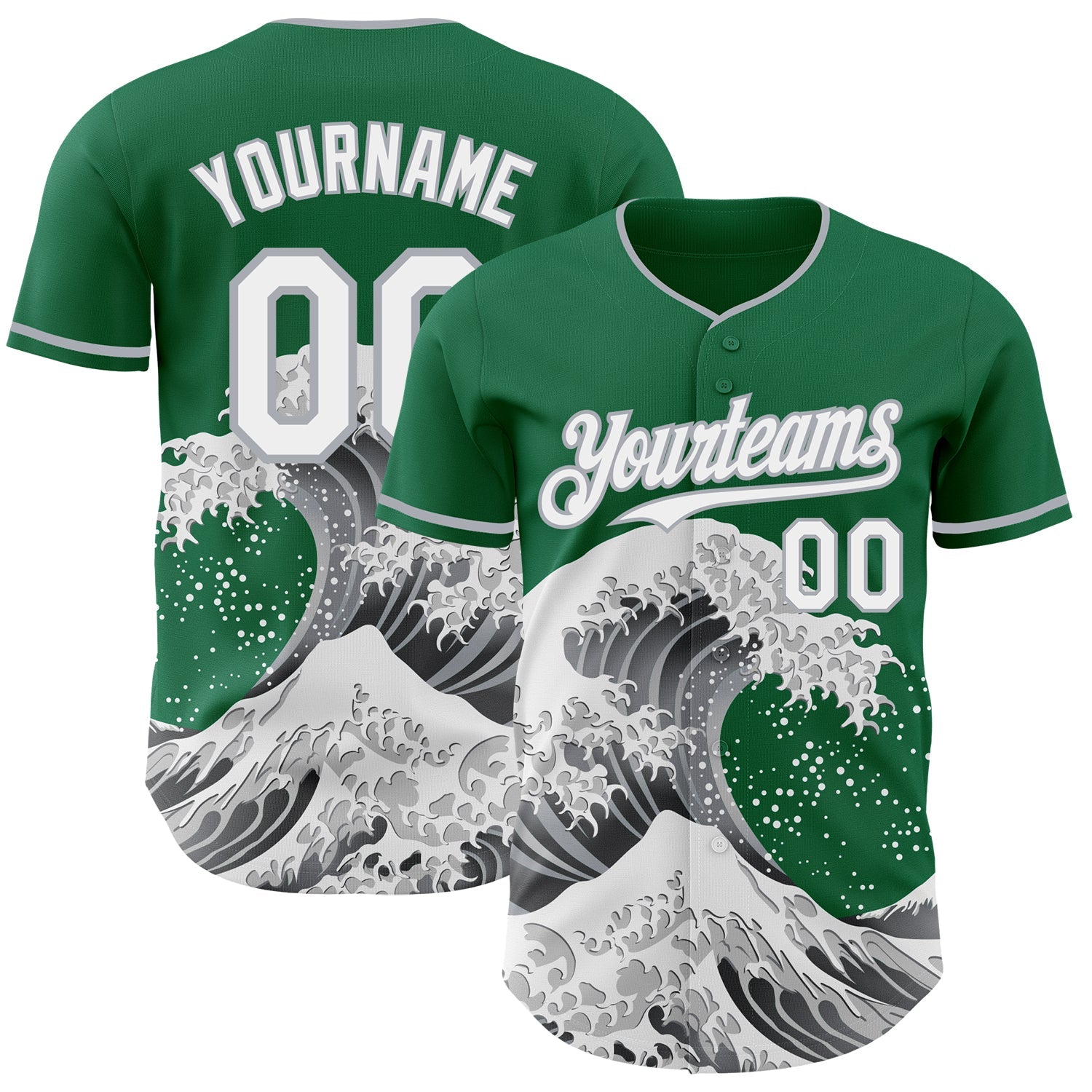 Custom Kelly Green White-Gray Japanese Wave Authentic Baseball Jersey - Main View