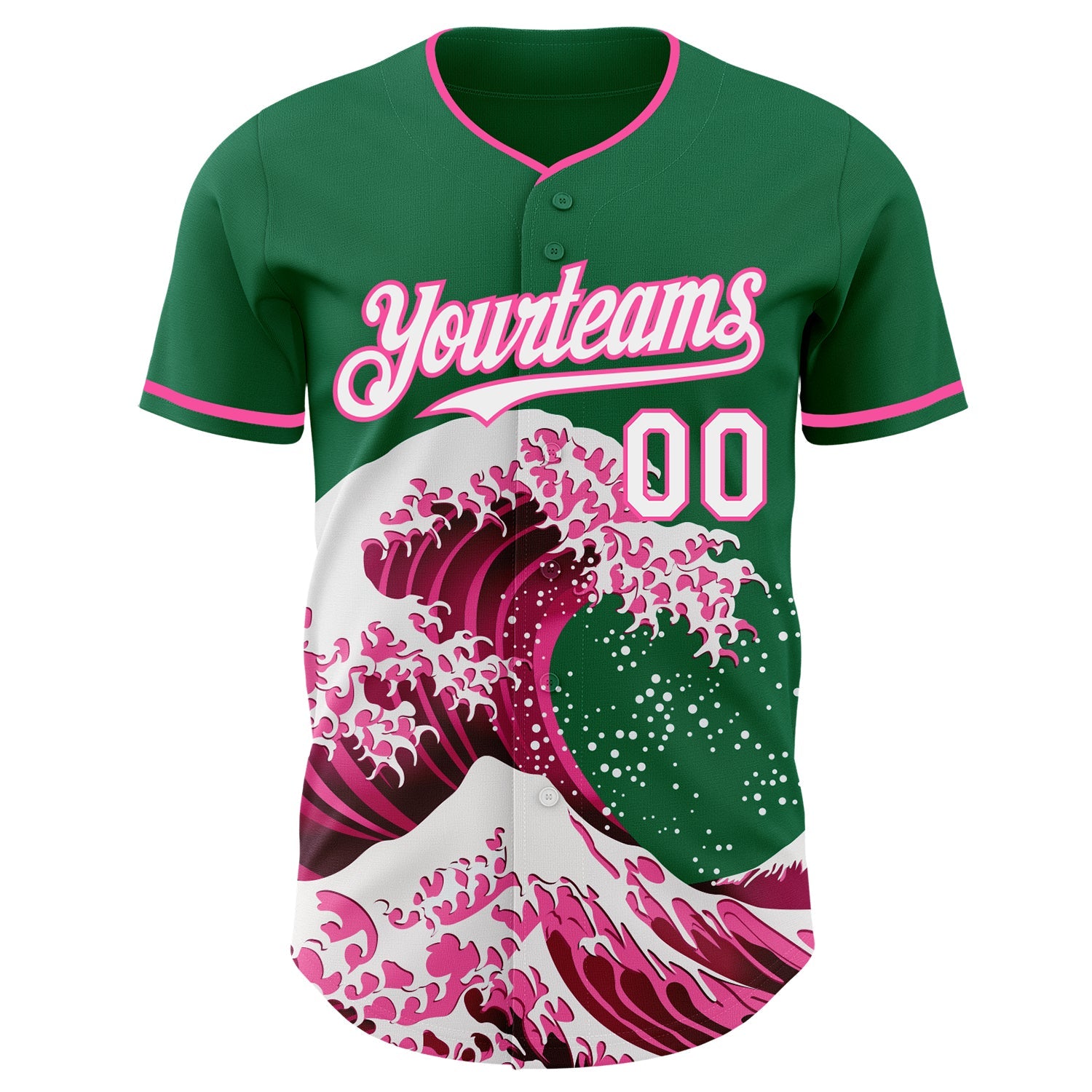 Custom Kelly Green White-Pink Japanese Wave Authentic Baseball Jersey view 3