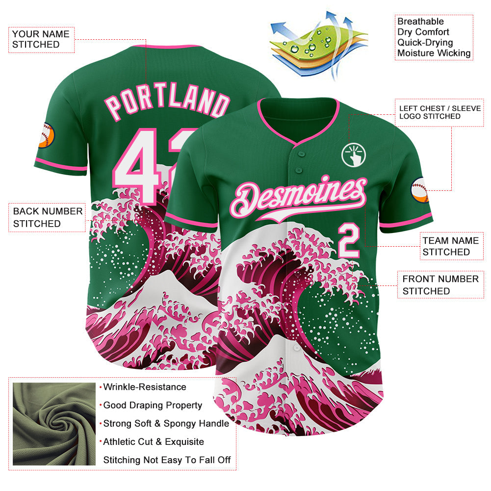 Custom Kelly Green White-Pink Japanese Wave Authentic Baseball Jersey view 4
