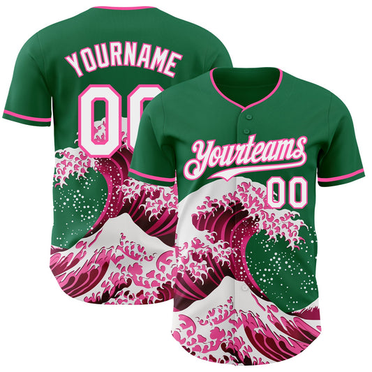 Custom Kelly Green White-Pink Japanese Wave Authentic Baseball Jersey - Main View