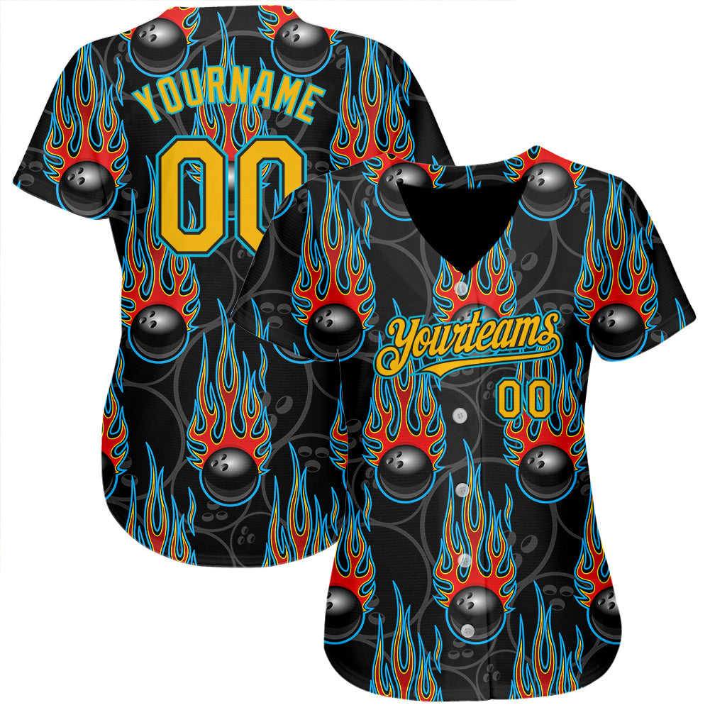 Custom Black Gold-Lakes Blue 3D Pattern Design Bowling Ball With Hotrod Flame Authentic Baseball Jersey view 2