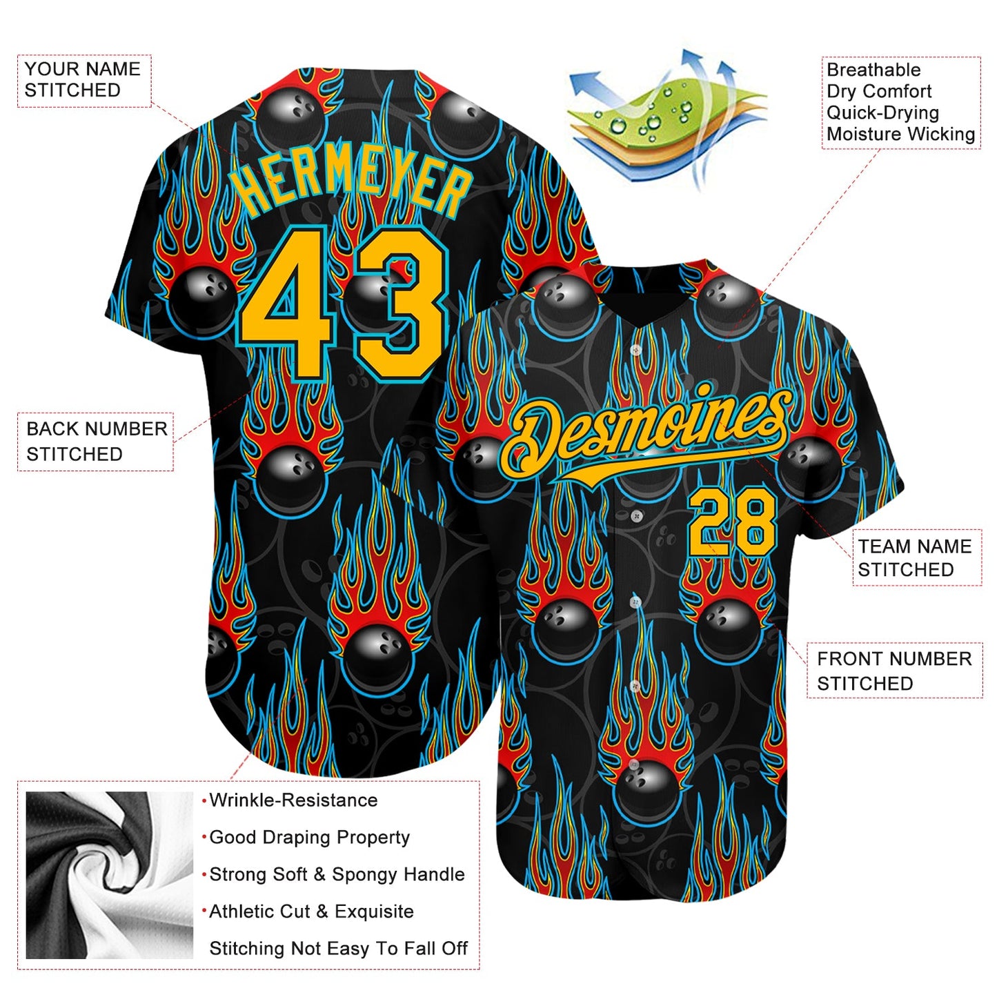 Custom Black Gold-Lakes Blue 3D Pattern Design Bowling Ball With Hotrod Flame Authentic Baseball Jersey view 3