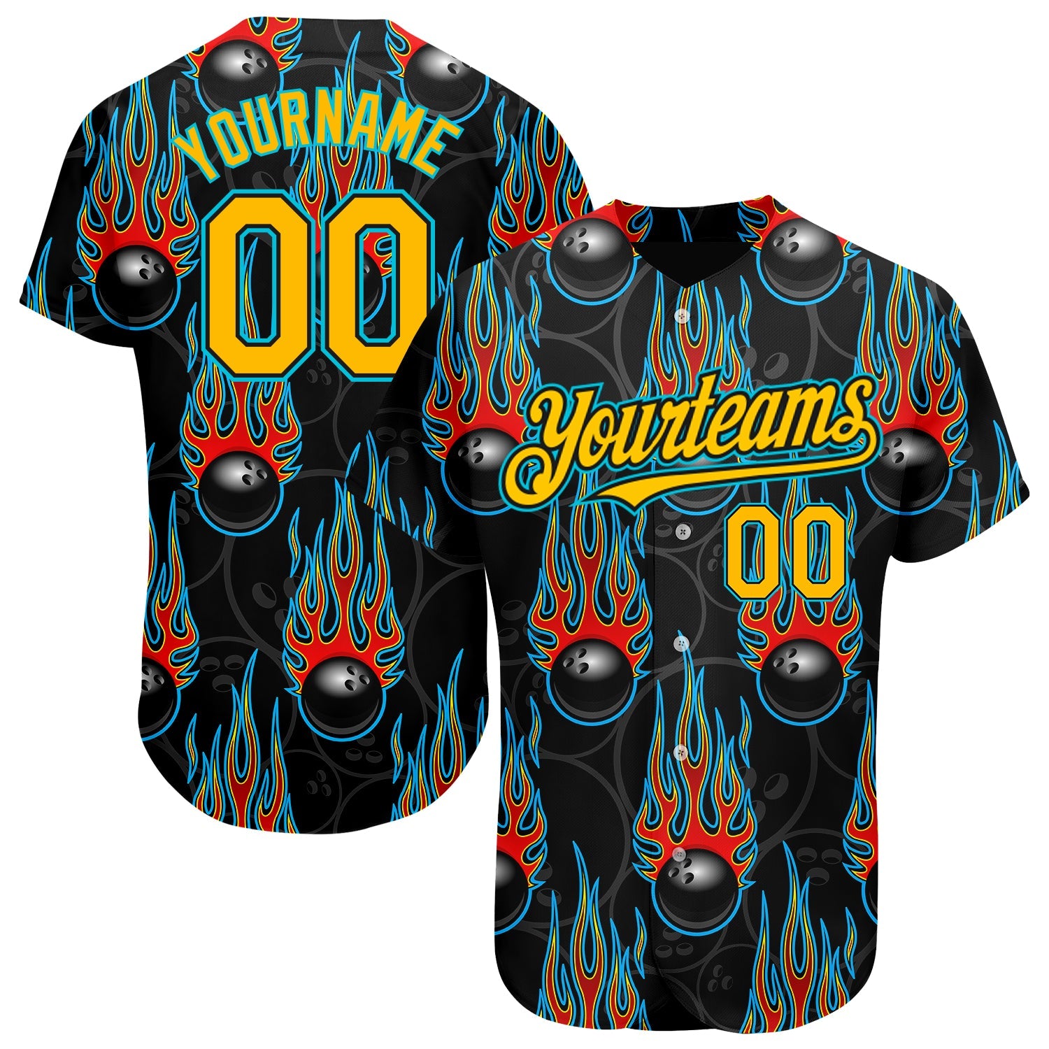 Custom Black Gold-Lakes Blue 3D Pattern Design Bowling Ball With Hotrod Flame Authentic Baseball Jersey - Main View