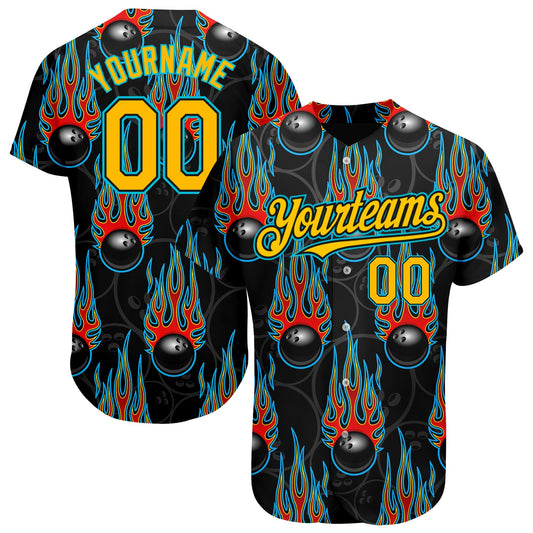 Custom Black Gold-Lakes Blue 3D Pattern Design Bowling Ball With Hotrod Flame Authentic Baseball Jersey - Main View