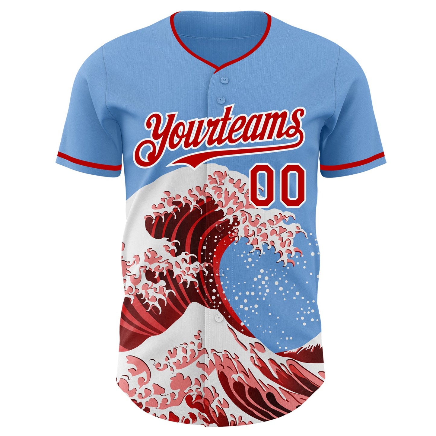 Custom Light Blue Red-White Japanese Wave Authentic Baseball Jersey view 3
