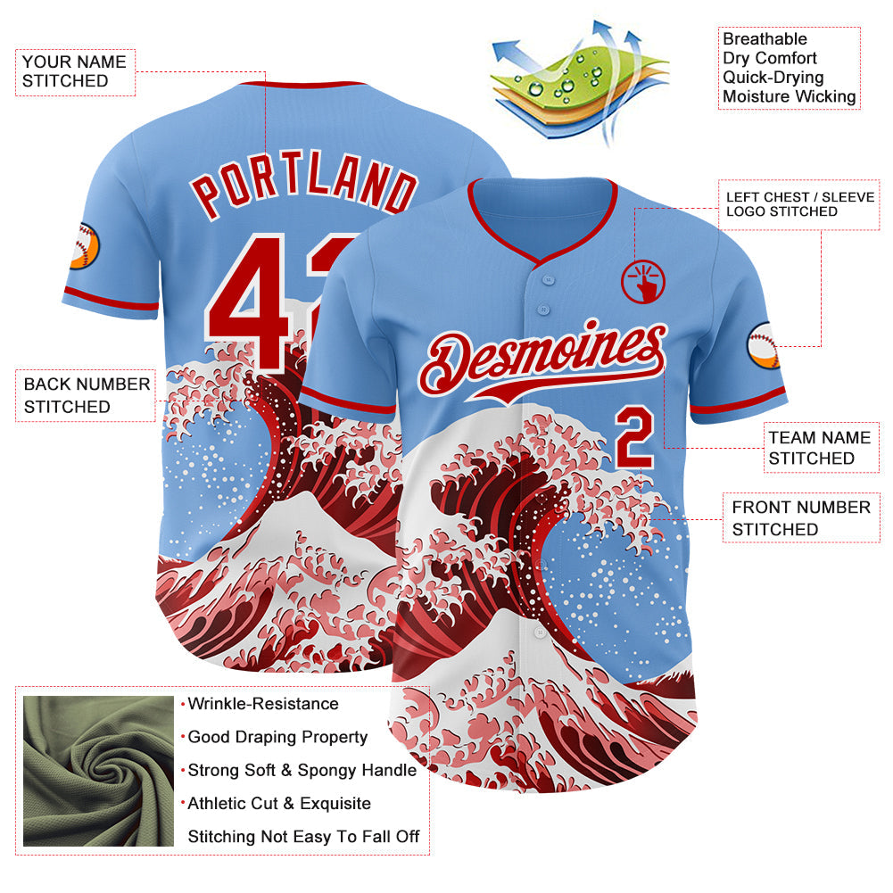 Custom Light Blue Red-White Japanese Wave Authentic Baseball Jersey view 4