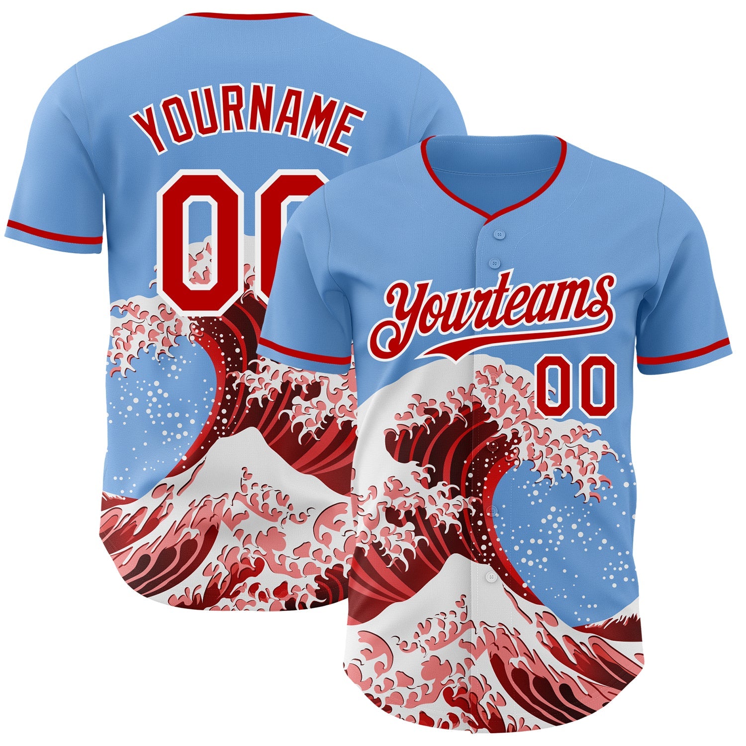 Custom Light Blue Red-White Japanese Wave Authentic Baseball Jersey - Main View