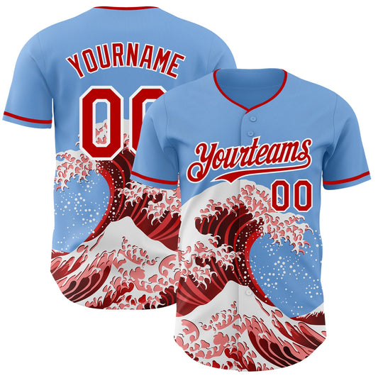 Custom Light Blue Red-White Japanese Wave Authentic Baseball Jersey - Main View
