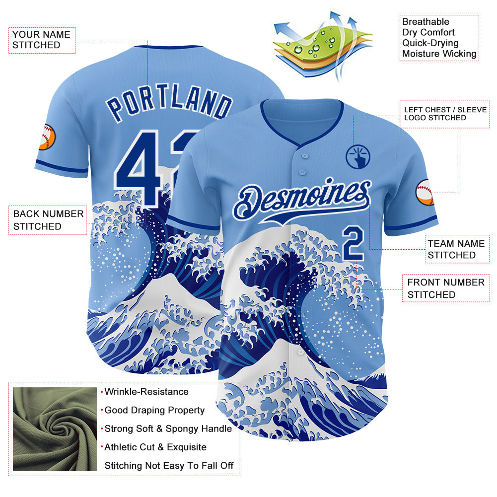 Custom Light Blue Royal-White Japanese Wave Authentic Baseball Jersey view 4