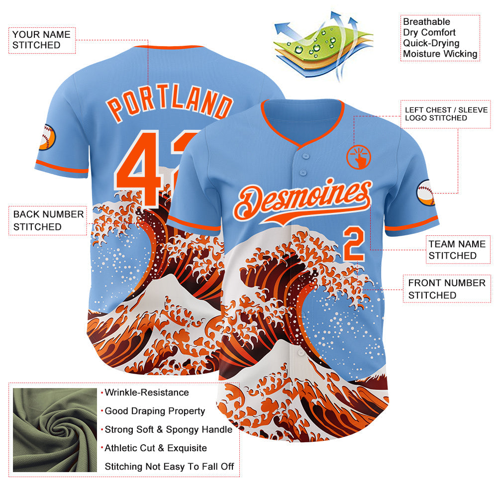 Custom Light Blue Orange-White Japanese Wave Authentic Baseball Jersey view 4