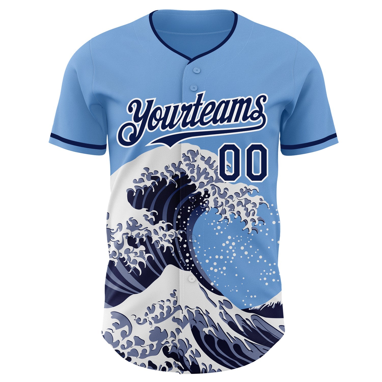 Custom Light Blue Navy-White Japanese Wave Authentic Baseball Jersey view 3