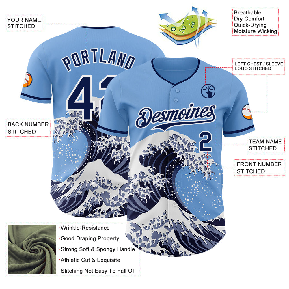 Custom Light Blue Navy-White Japanese Wave Authentic Baseball Jersey view 4