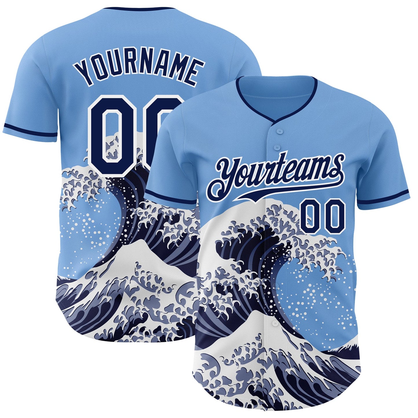 Custom Light Blue Navy-White Japanese Wave Authentic Baseball Jersey - Main View