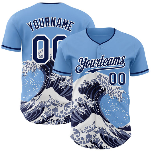Custom Light Blue Navy-White Japanese Wave Authentic Baseball Jersey - Main View