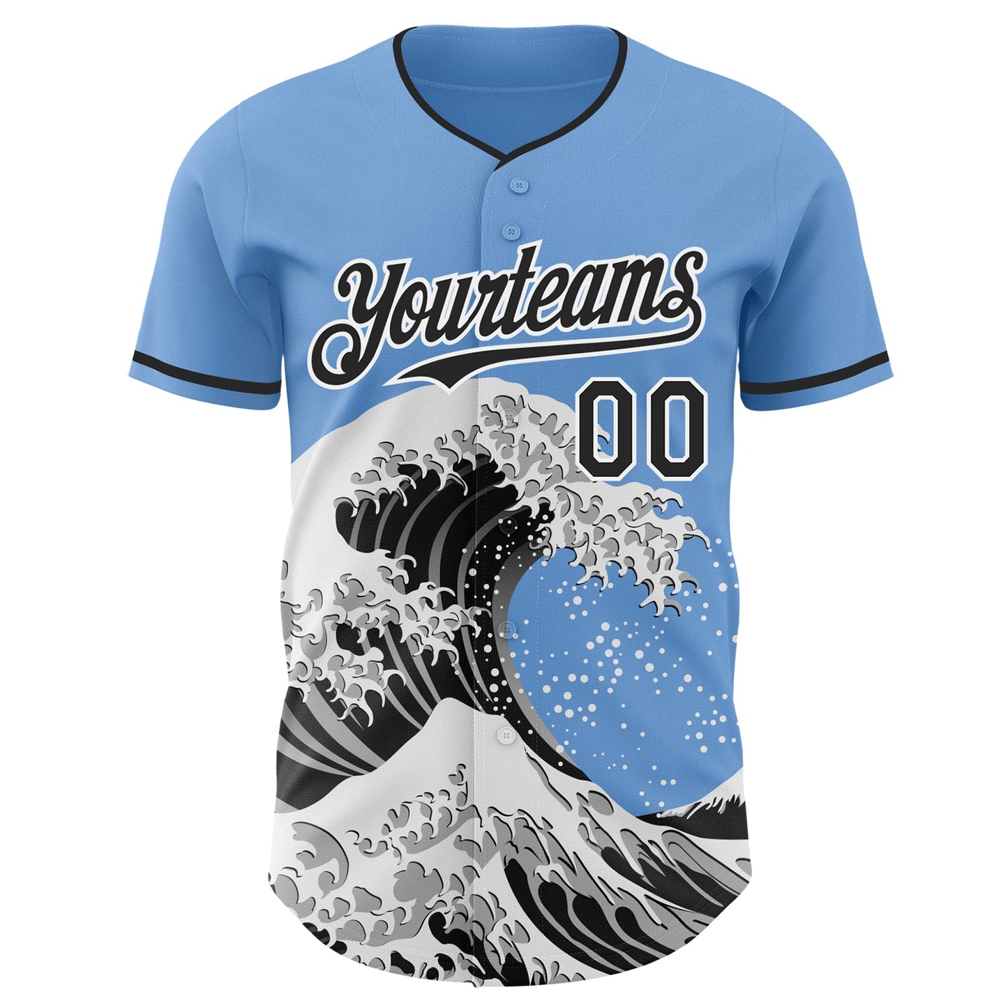 Custom Light Blue Black-White Japanese Wave Authentic Baseball Jersey view 3