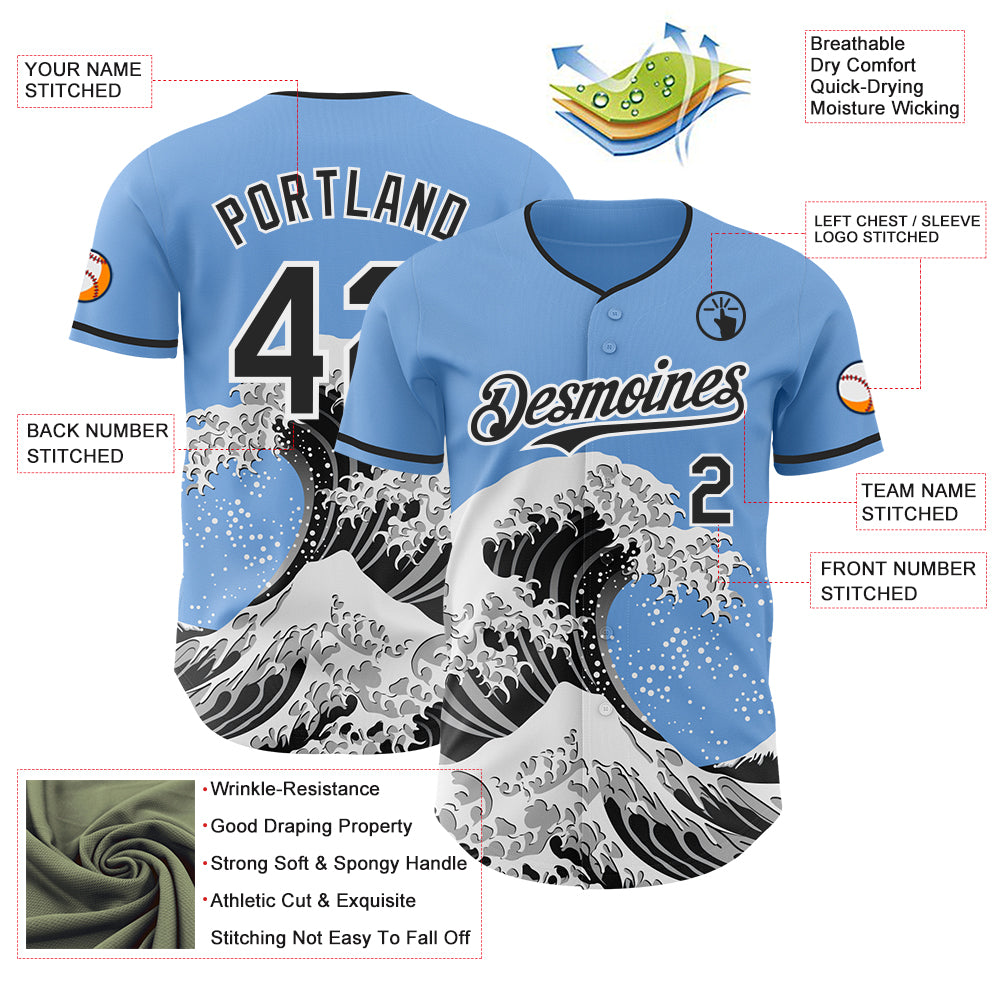 Custom Light Blue Black-White Japanese Wave Authentic Baseball Jersey view 4
