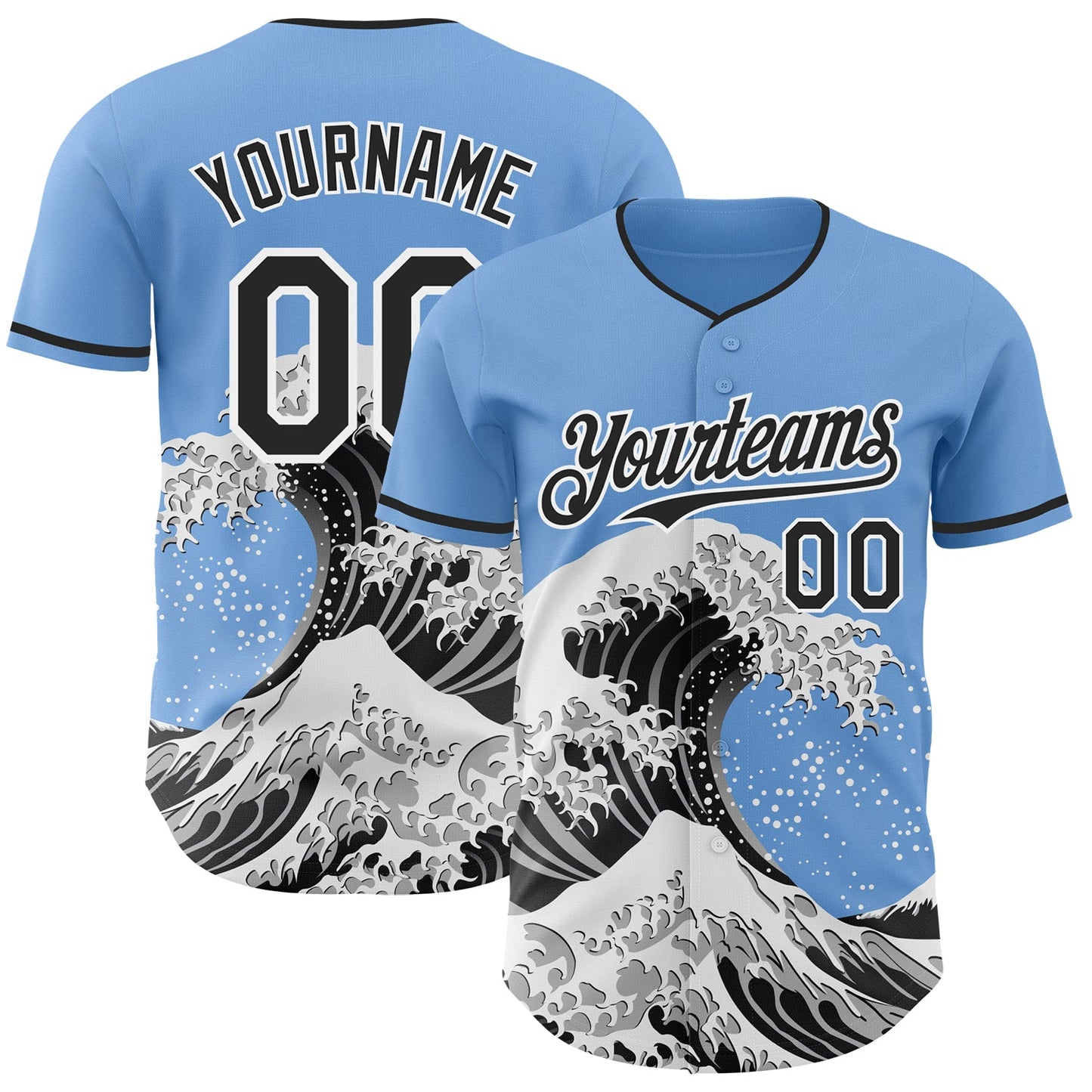 Custom Light Blue Black-White Japanese Wave Authentic Baseball Jersey - Main View