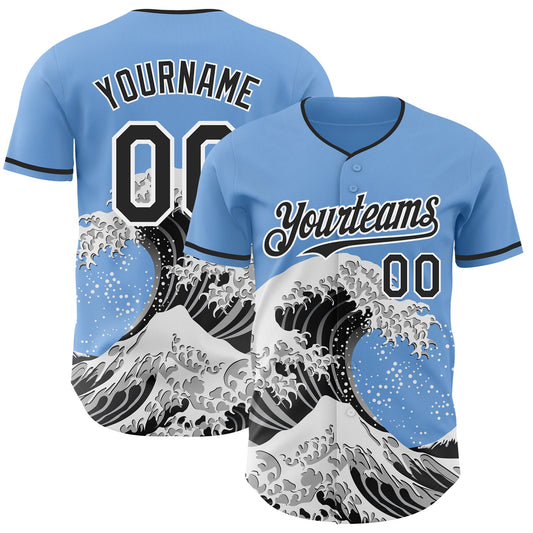 Custom Light Blue Black-White Japanese Wave Authentic Baseball Jersey - Main View