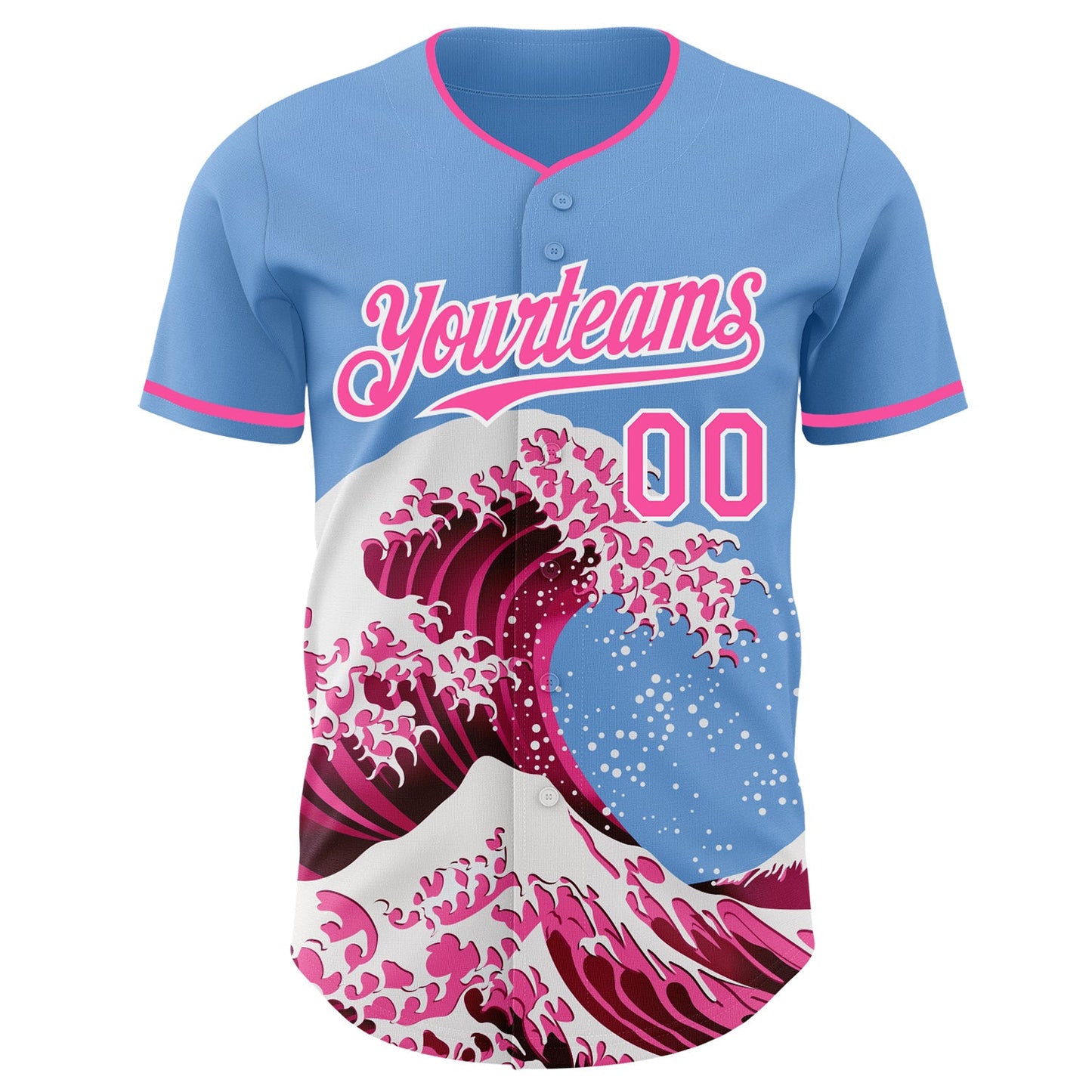 Custom Light Blue Pink-White Japanese Wave Authentic Baseball Jersey view 3