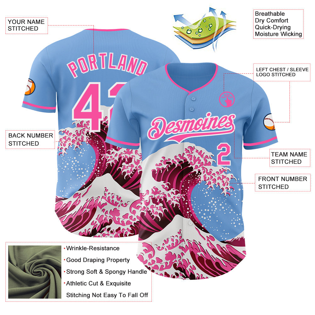 Custom Light Blue Pink-White Japanese Wave Authentic Baseball Jersey view 4