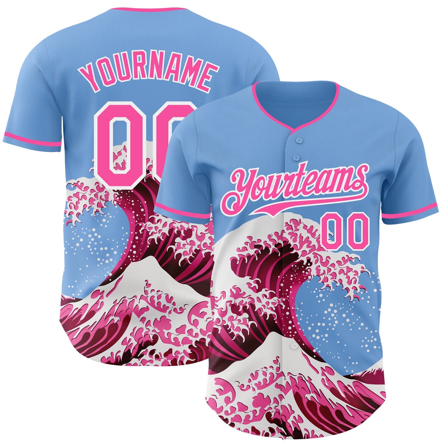 Custom Light Blue Pink-White Japanese Wave Authentic Baseball Jersey - Main View