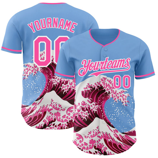 Custom Light Blue Pink-White Japanese Wave Authentic Baseball Jersey - Main View