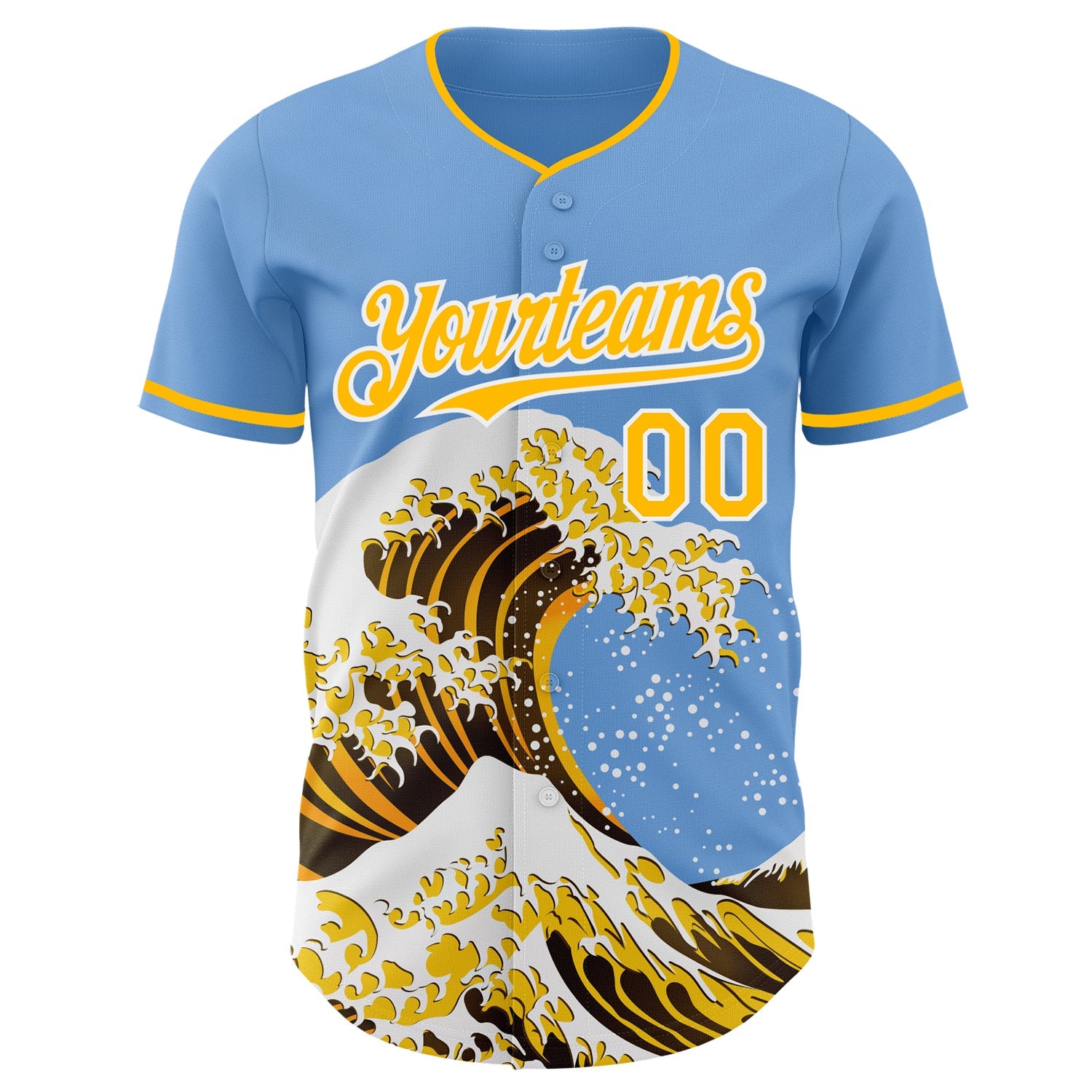Custom Light Blue Gold-White Japanese Wave Authentic Baseball Jersey view 3