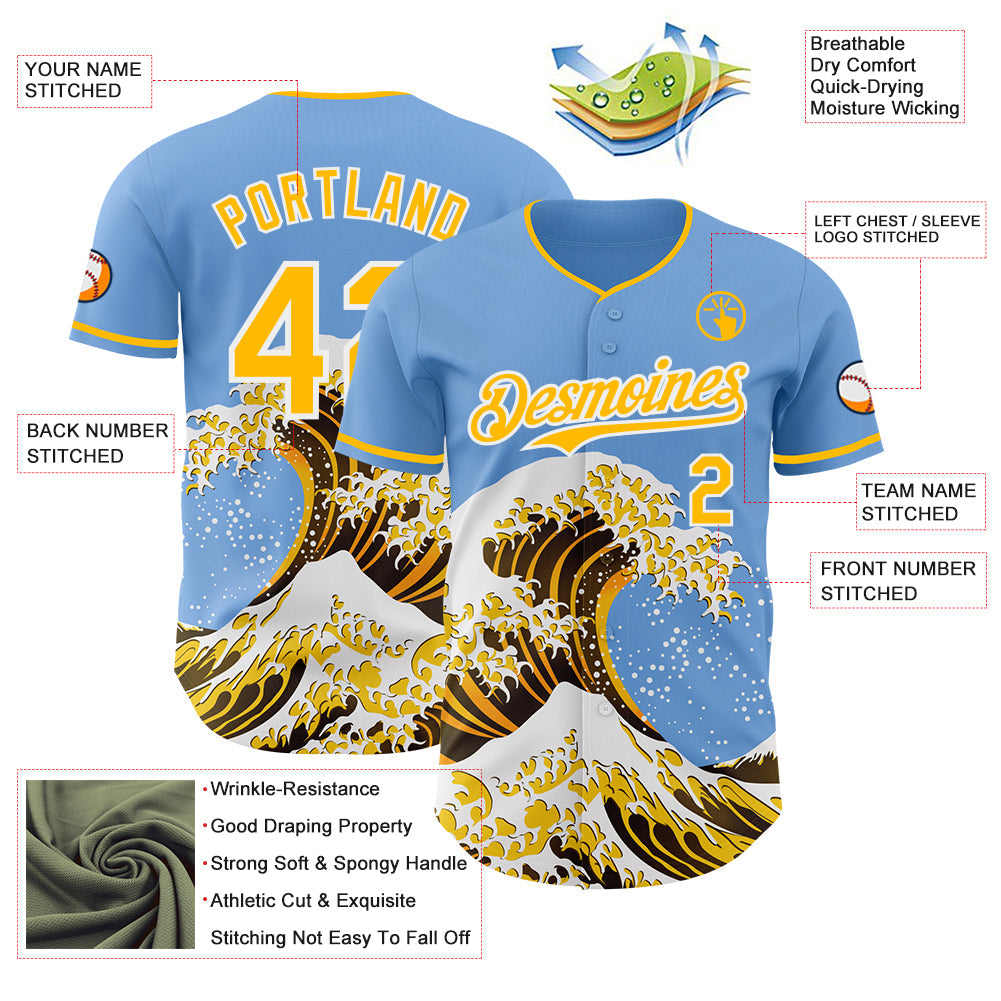 Custom Light Blue Gold-White Japanese Wave Authentic Baseball Jersey view 4