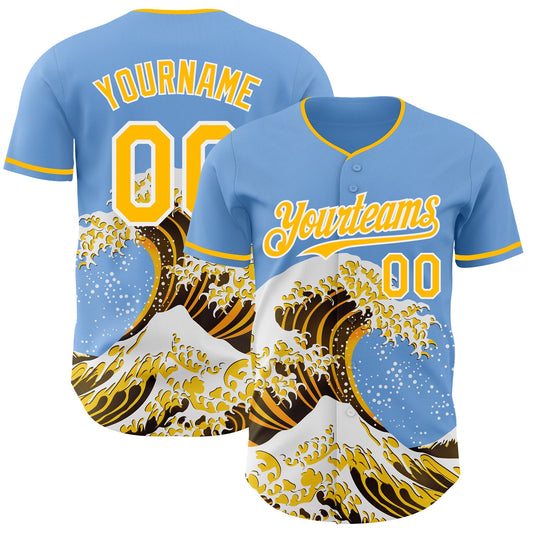 Custom Light Blue Gold-White Japanese Wave Authentic Baseball Jersey - Main View
