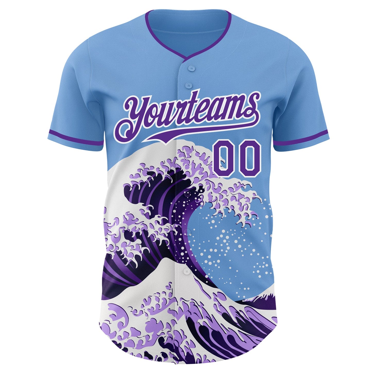 Custom Light Blue Purple-White Japanese Wave Authentic Baseball Jersey view 3