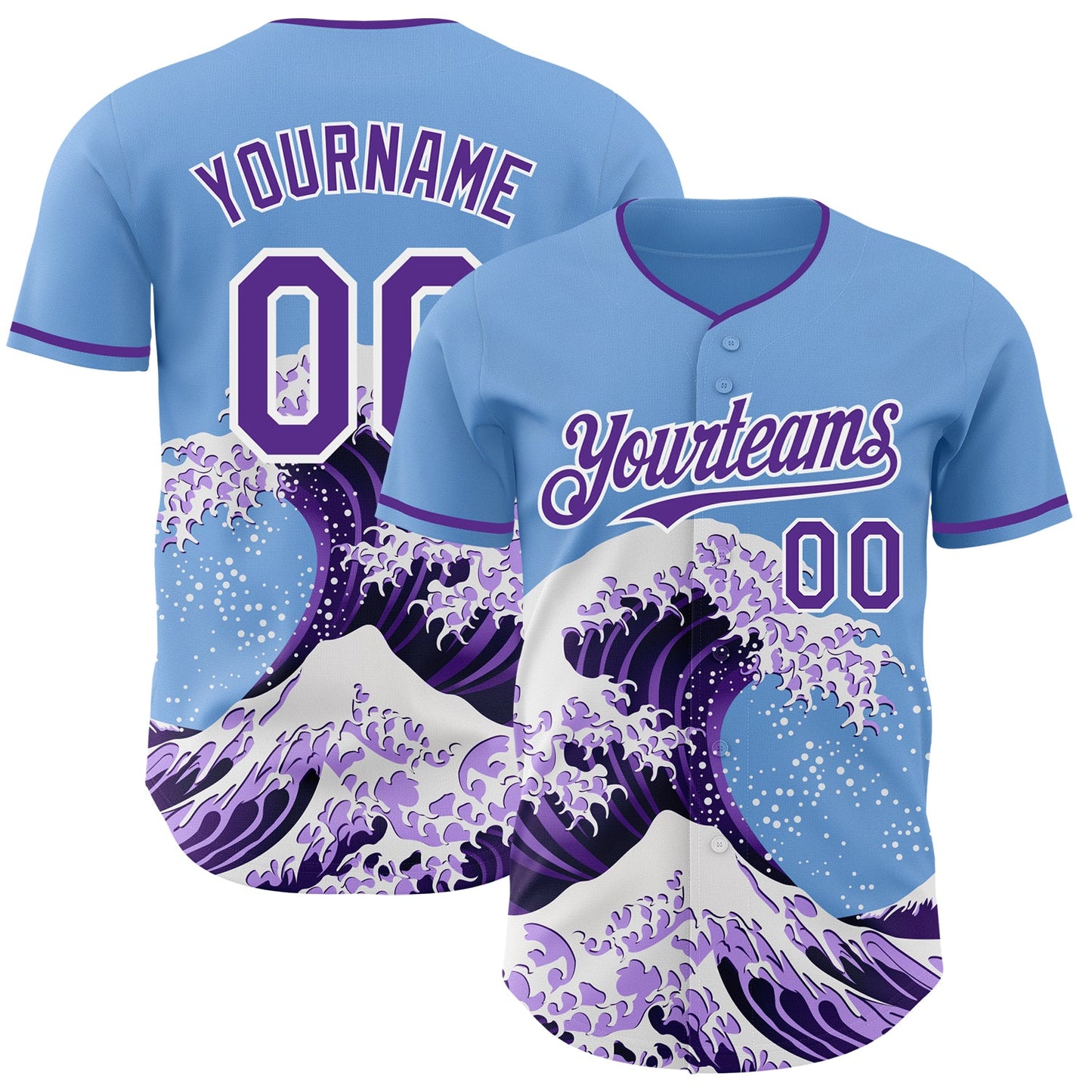 Custom Light Blue Purple-White Japanese Wave Authentic Baseball Jersey - Main View