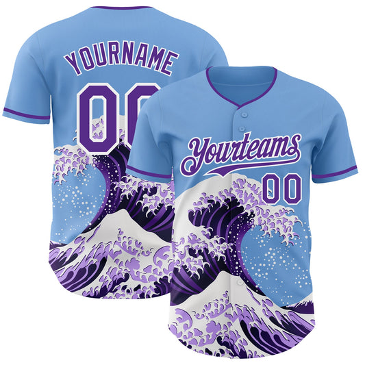 Custom Light Blue Purple-White Japanese Wave Authentic Baseball Jersey - Main View