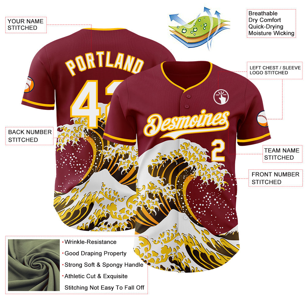 Custom Crimson White-Gold Japanese Wave Authentic Baseball Jersey view 4