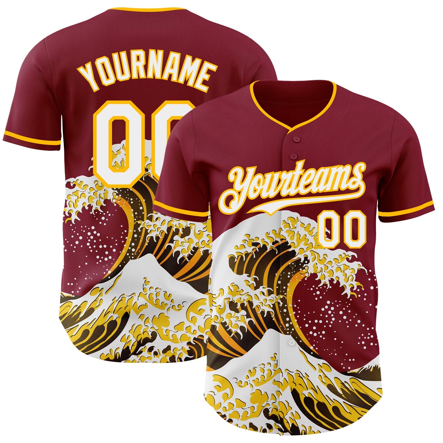 Custom Crimson White-Gold Japanese Wave Authentic Baseball Jersey - Main View