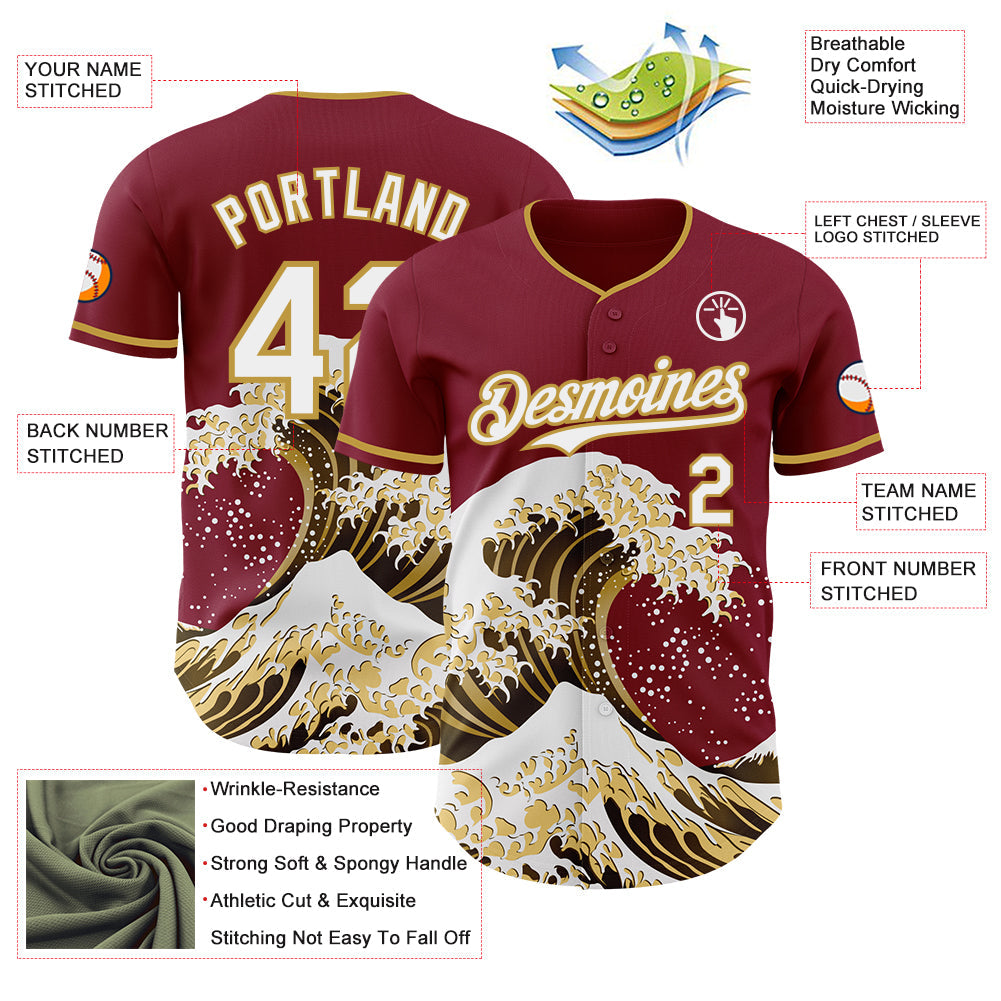 Custom Crimson White-Old Gold Japanese Wave Authentic Baseball Jersey view 4