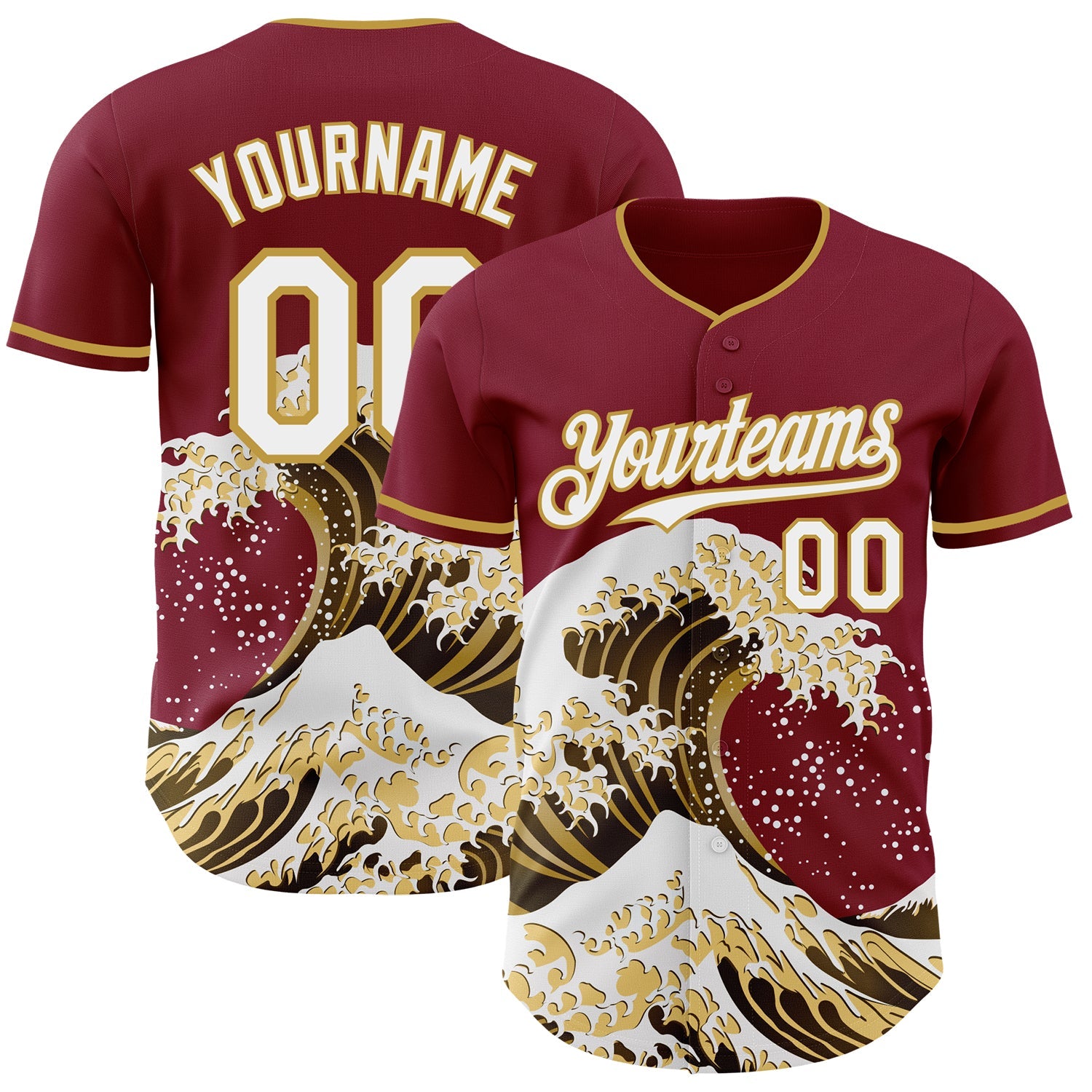 Custom Crimson White-Old Gold Japanese Wave Authentic Baseball Jersey - Main View