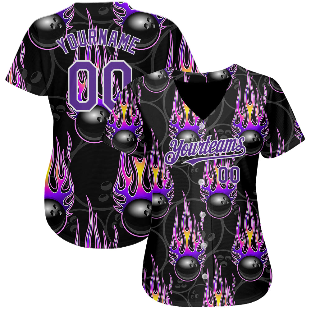 Custom Black Purple-White 3D Pattern Design Bowling Ball With Hotrod Flame Authentic Baseball Jersey view 2