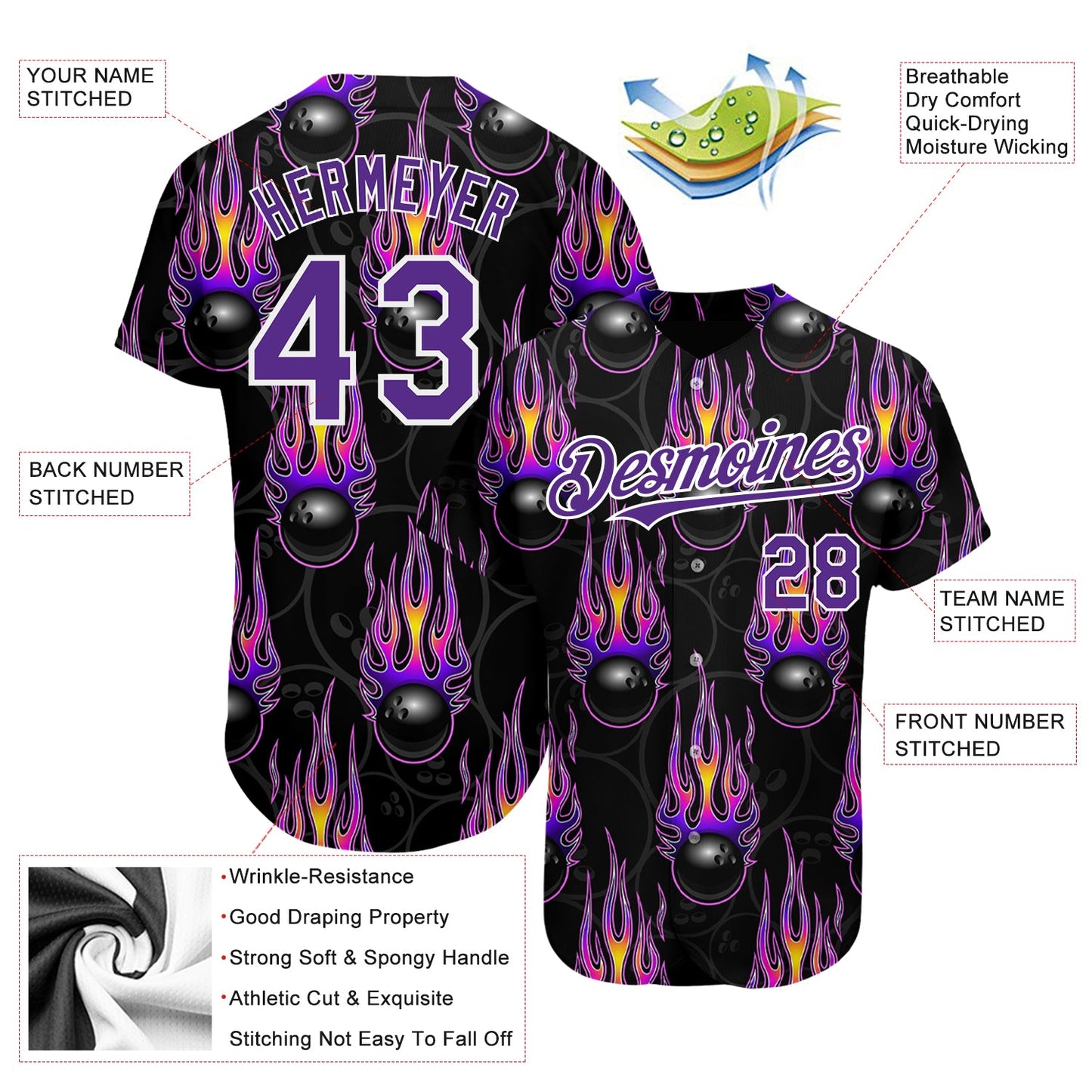 Custom Black Purple-White 3D Pattern Design Bowling Ball With Hotrod Flame Authentic Baseball Jersey view 3