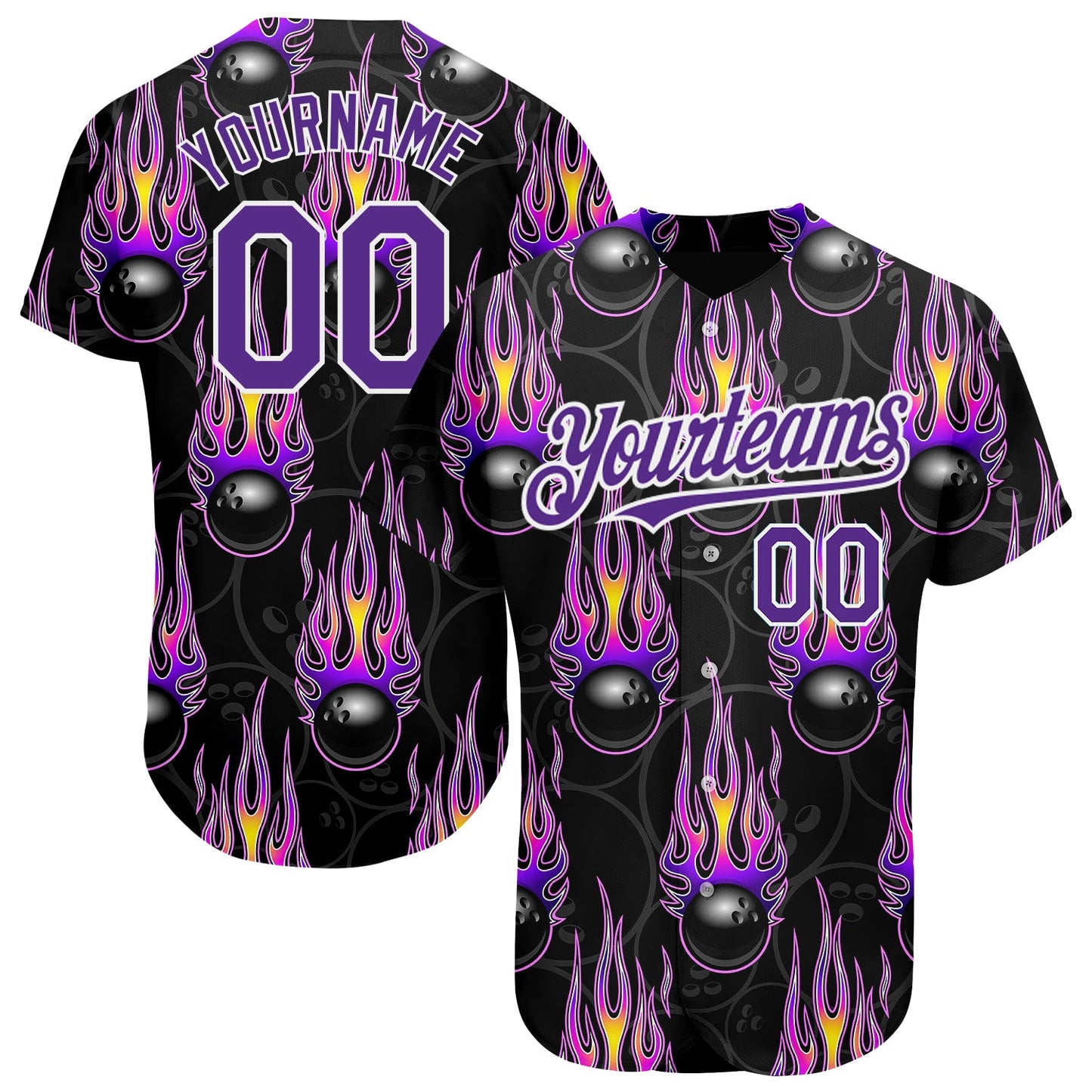 Custom Black Purple-White 3D Pattern Design Bowling Ball With Hotrod Flame Authentic Baseball Jersey - Main View
