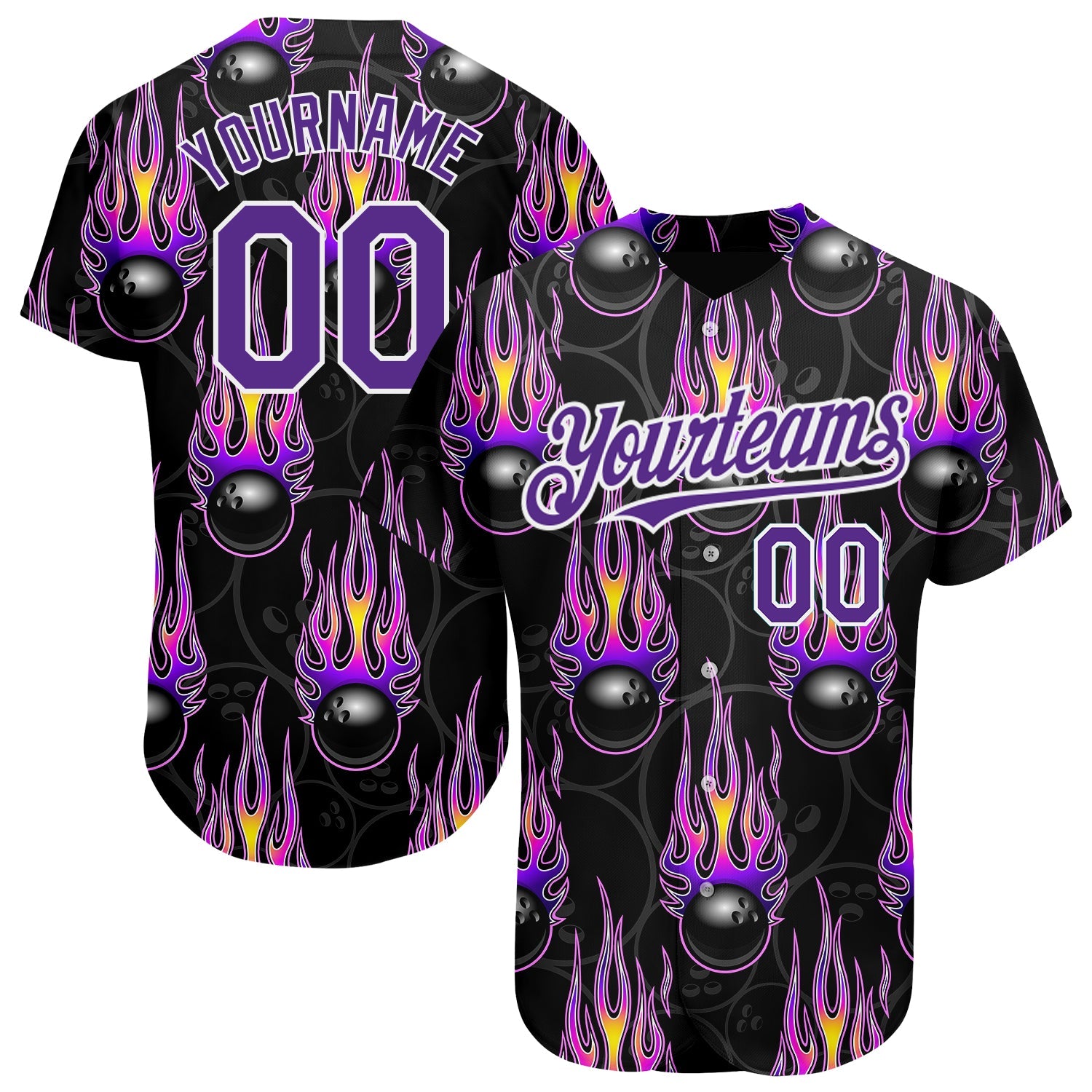 Custom Black Purple-White 3D Pattern Design Bowling Ball With Hotrod Flame Authentic Baseball Jersey - Main View