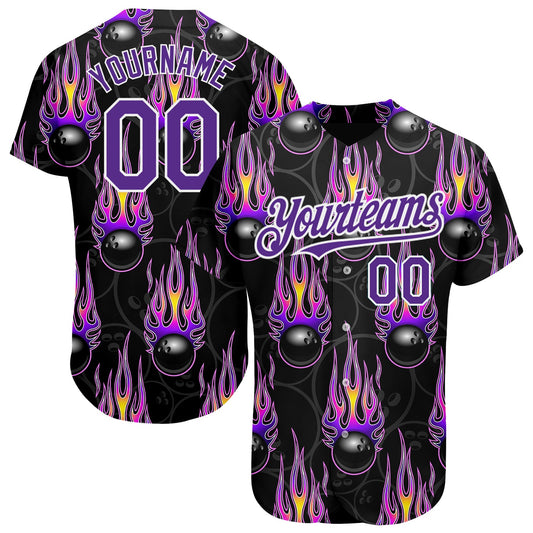 Custom Black Purple-White 3D Pattern Design Bowling Ball With Hotrod Flame Authentic Baseball Jersey - Main View