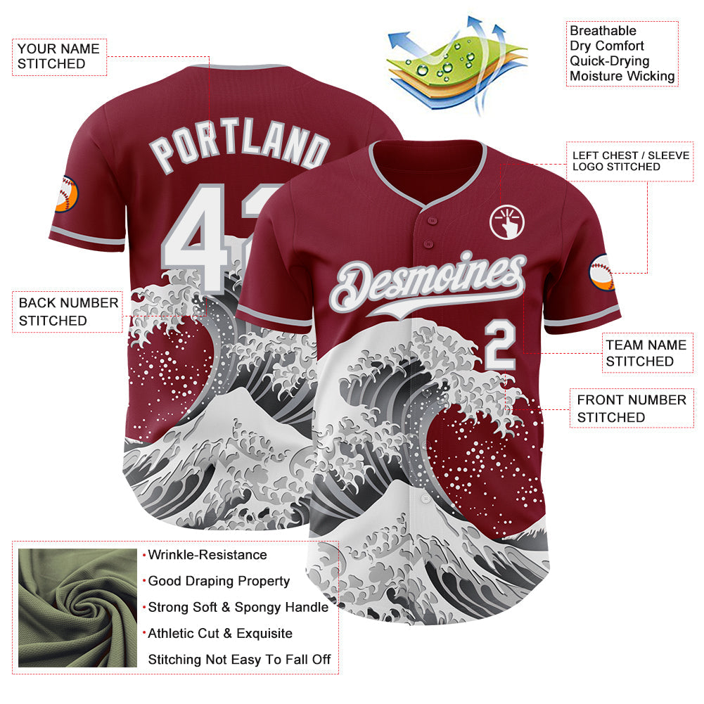 Custom Crimson White-Gray Japanese Wave Authentic Baseball Jersey view 4
