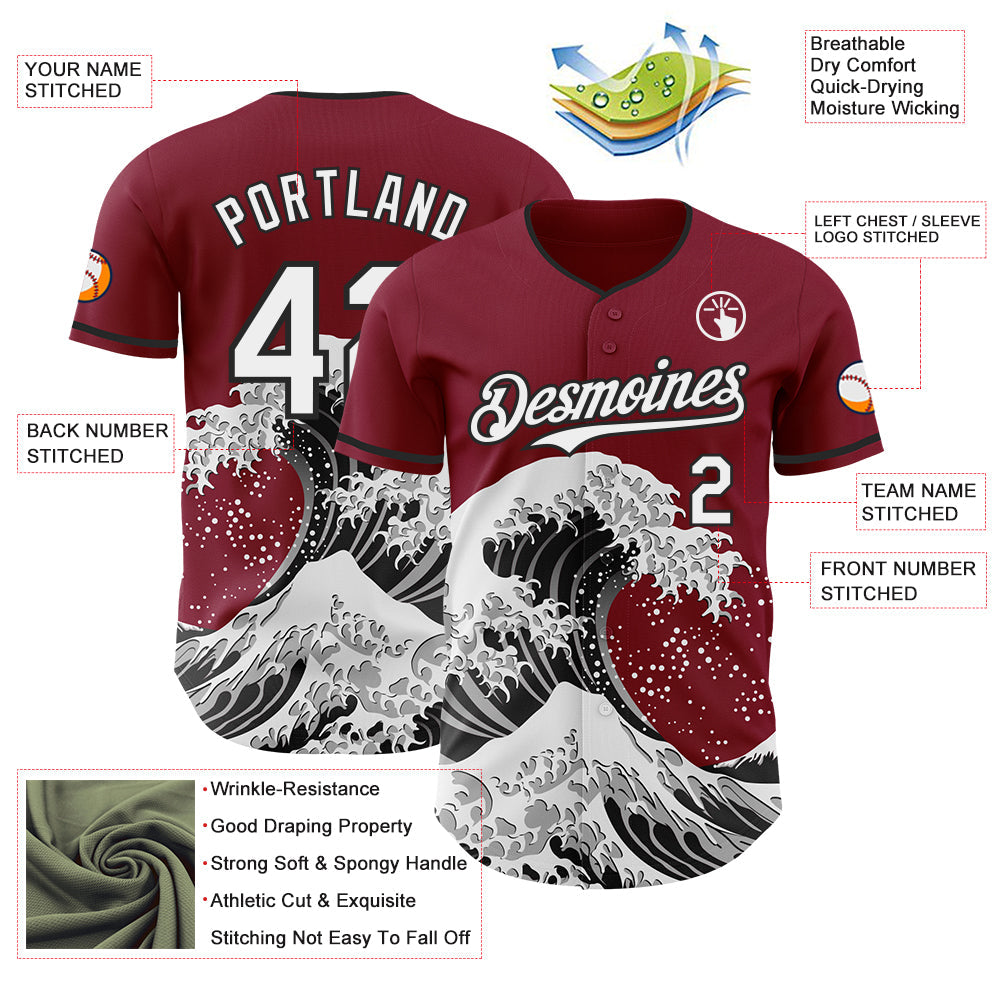 Custom Crimson White-Black Japanese Wave Authentic Baseball Jersey view 4