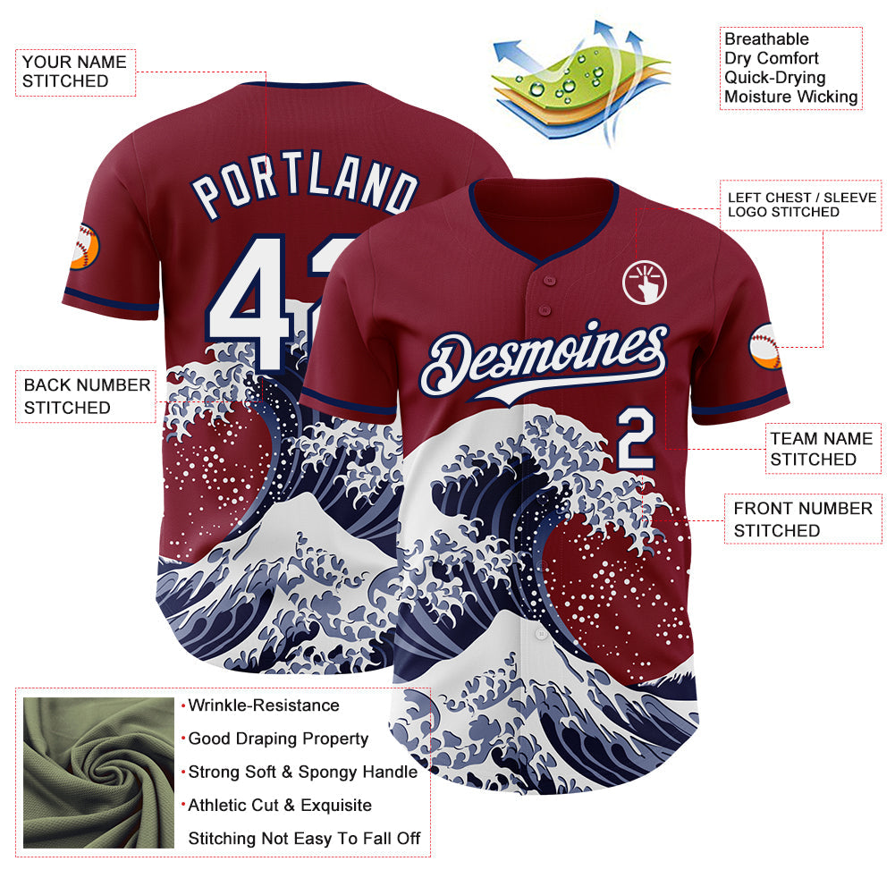 Custom Crimson White-Navy Japanese Wave Authentic Baseball Jersey view 4