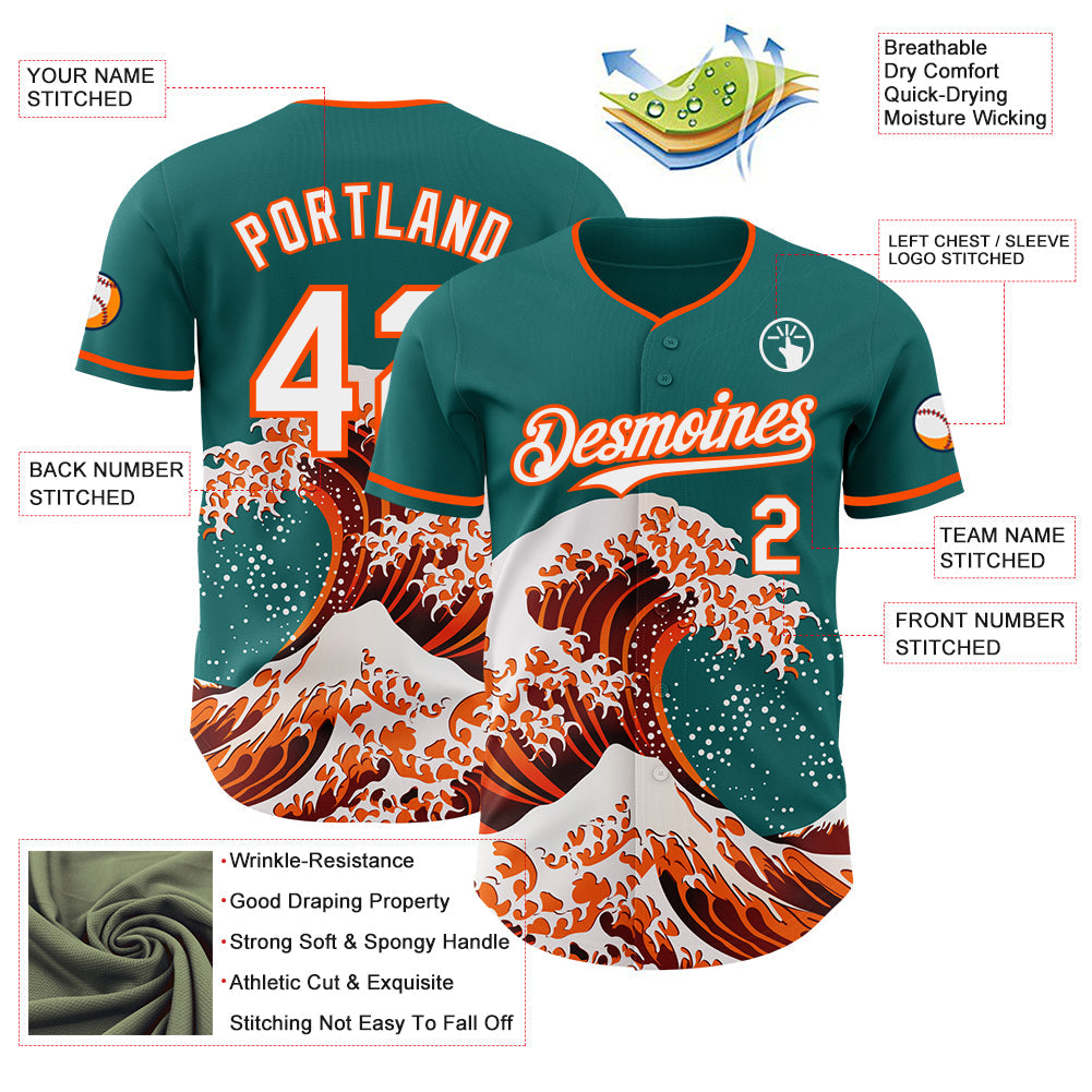 Custom Teal White-Orange Japanese Wave Authentic Baseball Jersey view 4