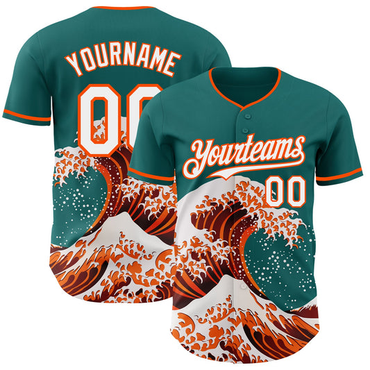 Custom Teal White-Orange Japanese Wave Authentic Baseball Jersey - Main View