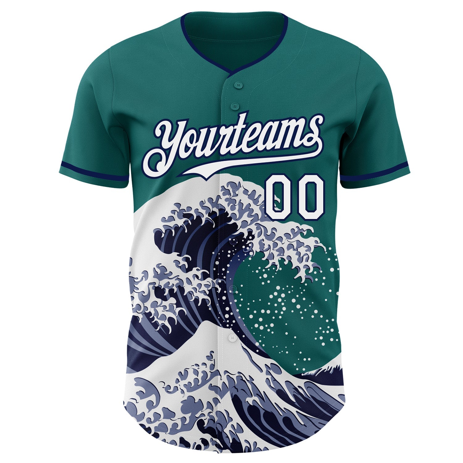 Custom Teal White-Navy Japanese Wave Authentic Baseball Jersey view 3