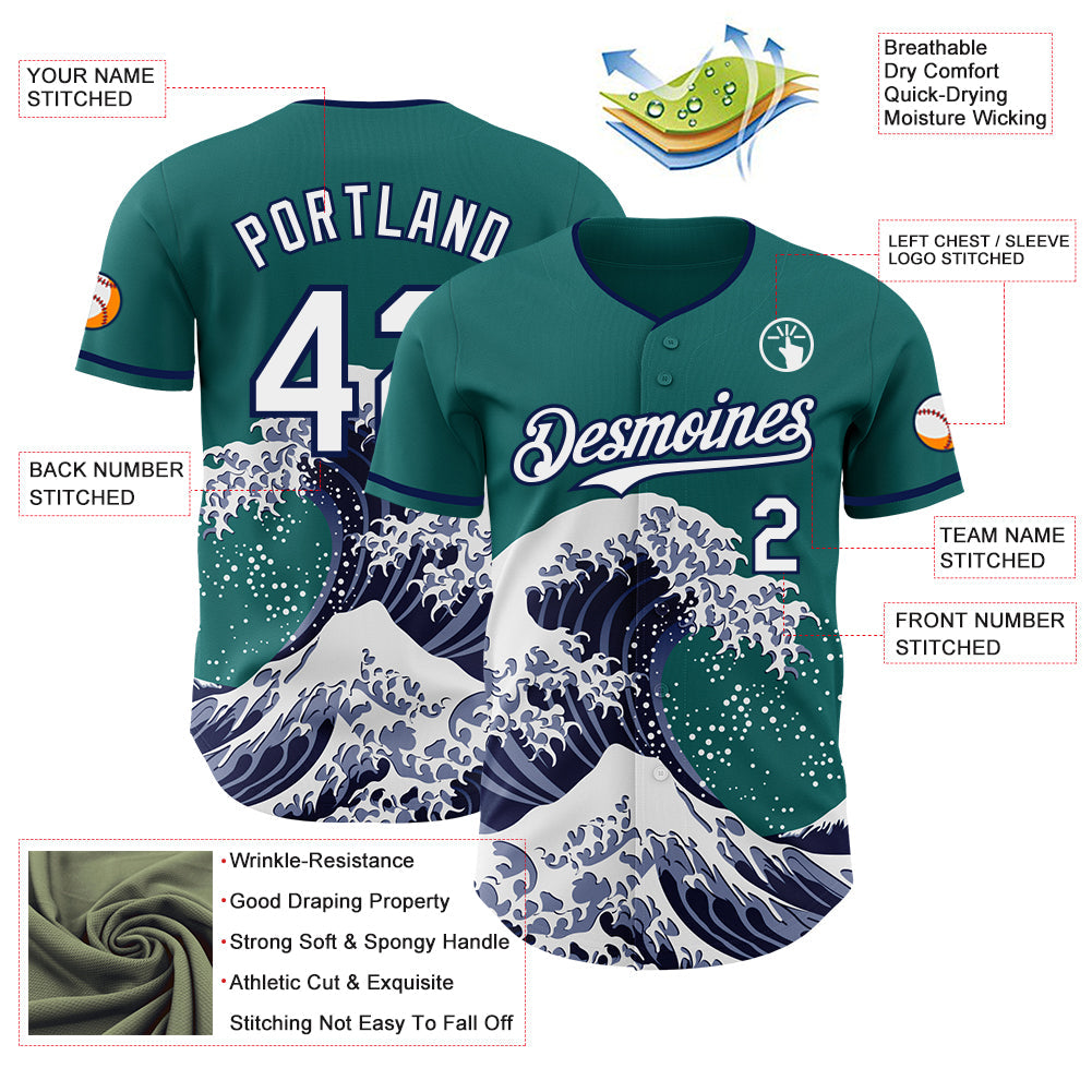 Custom Teal White-Navy Japanese Wave Authentic Baseball Jersey view 4