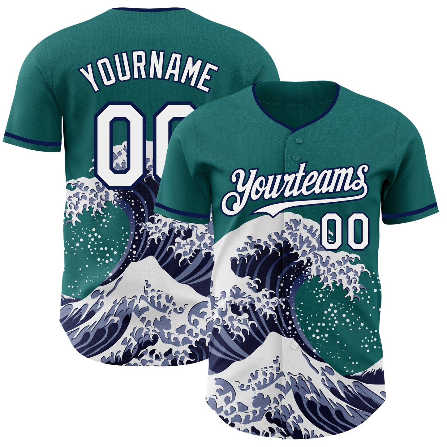 Custom Teal White-Navy Japanese Wave Authentic Baseball Jersey - Main View
